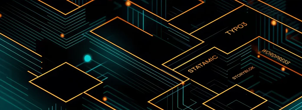 Professionelles Webdesign und Webdevelopment: Eine futuristische, leuchtende Schaltkreis-Grafik mit den CMS-Systemen TYPO3, Statamic, Storyblok und WordPress.