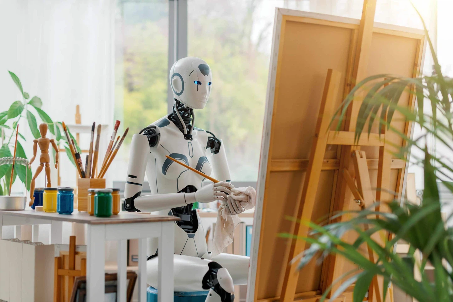 Bild-KI und Copyright im Marketing: Ein androider Roboter sitzt als Künstler an einer Staffelei und malt auf eine Leinwand.
