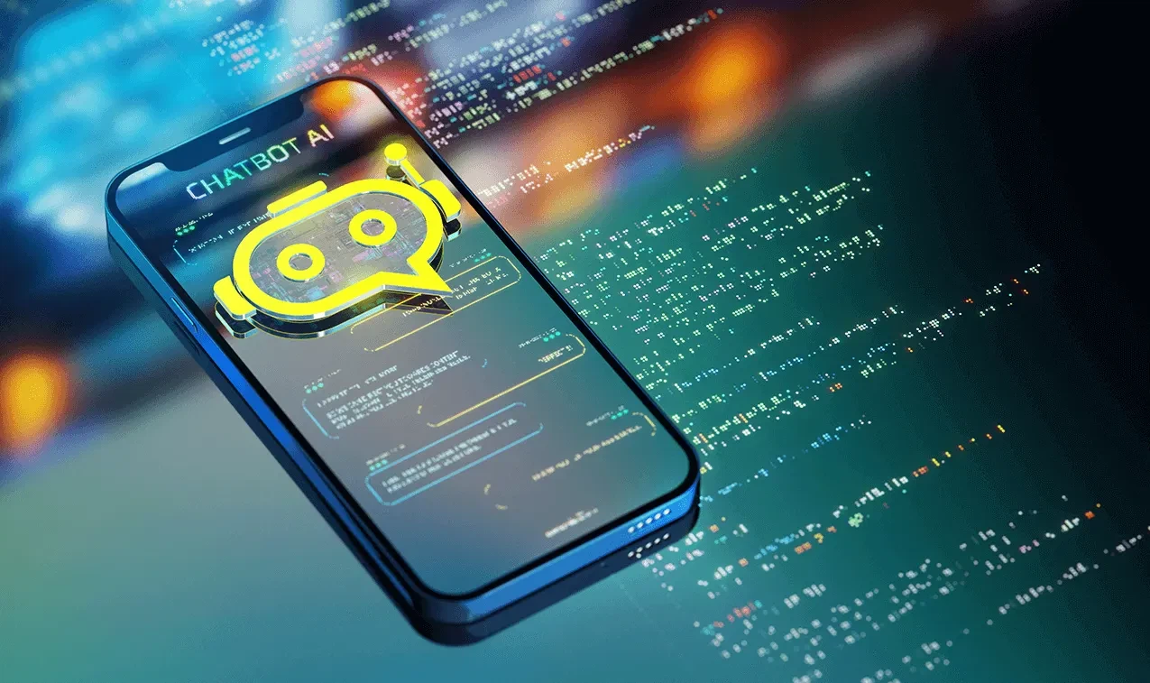 GEO und Generative Engine Optimization: Ein Smartphone mit einem leuchtenden Chatbot-KI-Icon auf dem Display vor virtuellem Programmiercode.