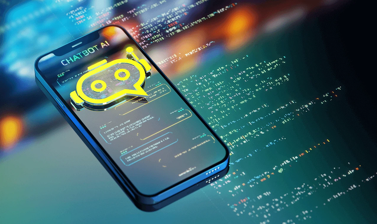 GEO und Generative Engine Optimization: Ein Smartphone mit einem leuchtenden Chatbot-KI-Icon auf dem Display vor virtuellem Programmiercode.
