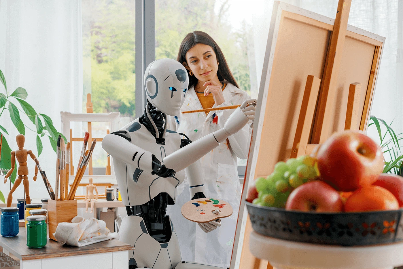 KI-Tools zur Bildgenerierung im Kreativ-Test: Ein humanoider Roboter bemalt eine Staffelei, während eine Künstlerin in der MMCAgentur das Ergebnis skeptisch prüft.