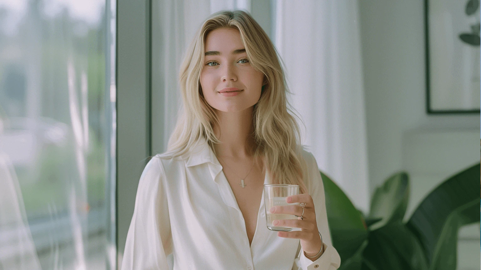 KI-Bildgenerierung durch professionelles Prompting: Das fotorealistische Ergebnis eines Midjourney-Prompts zeigt eine blonde Frau in weißem Outfit mit einem Wasserglas im Büro.