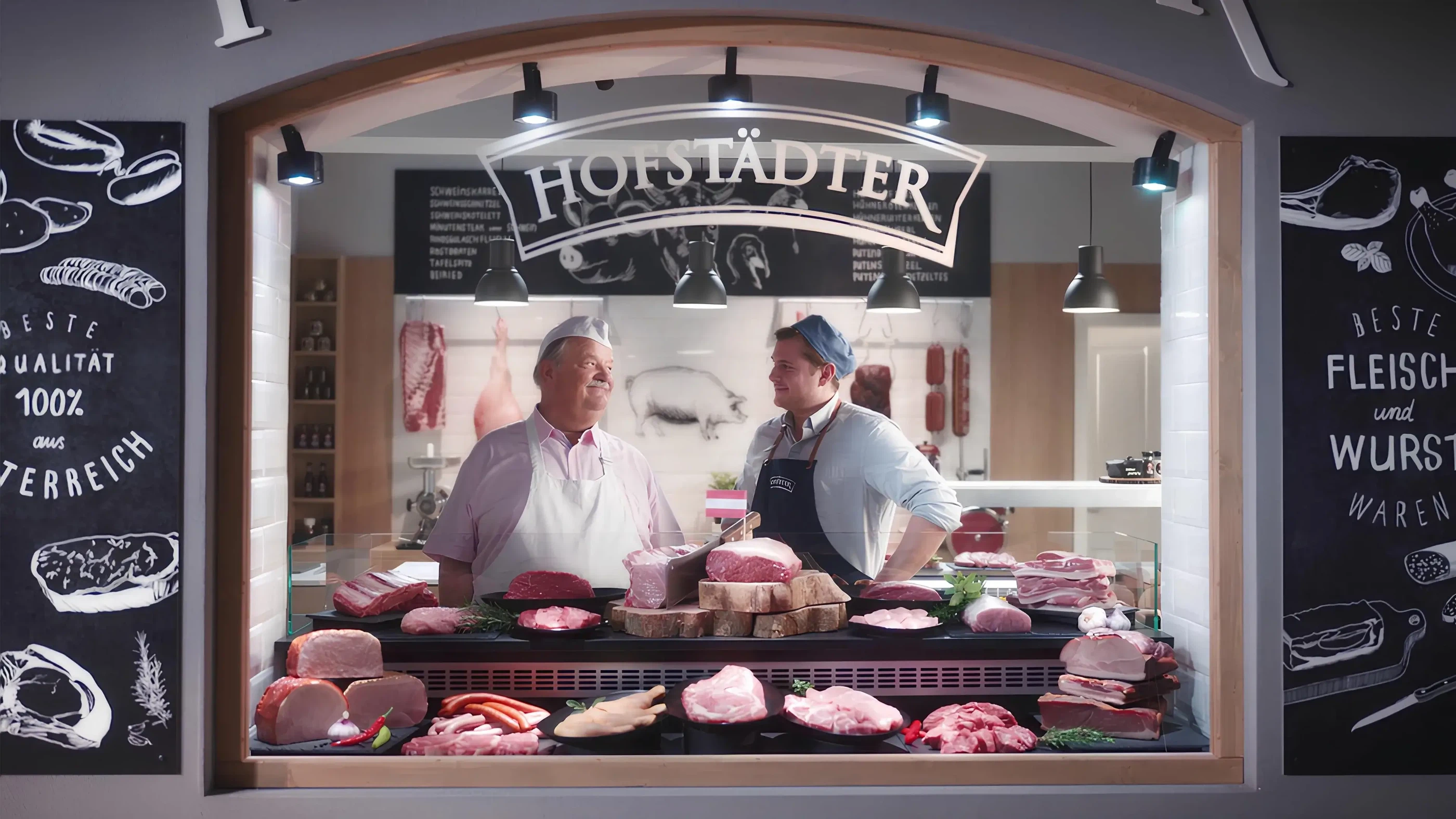 Vorbildliches barrierefreies Webdesign: Das Headerbild der Hofstädter-Website zeigt zwei Fleischhauer hinter einer reich bestückten Theke mit Fleisch- und Wurstwaren aus Österreich.