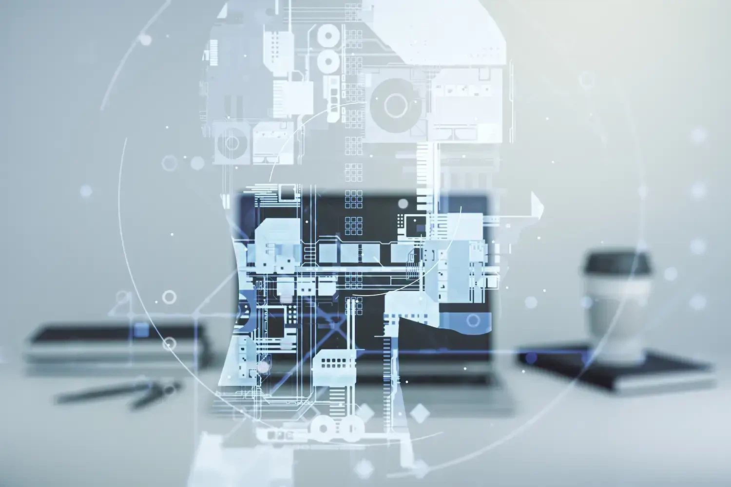 Digitale Transformation für kleine Marketingteams: Ein neuronales Netzwerk in Kopfform symbolisiert künstliche Intelligenz am Büro-Arbeitsplatz.