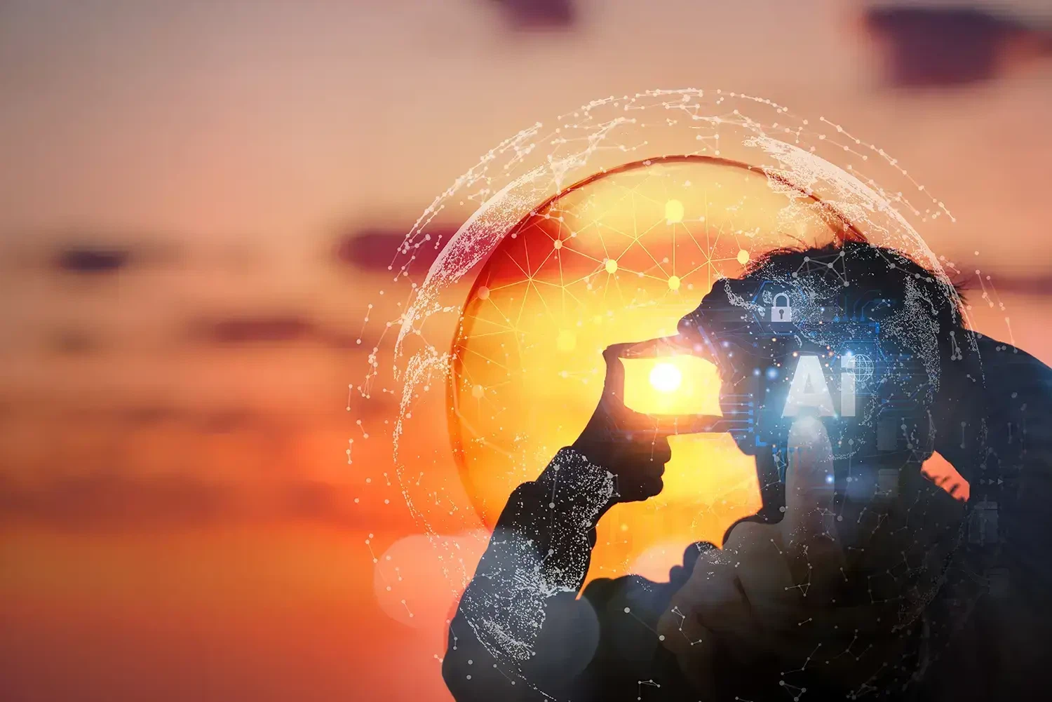 Innovation im Prompt Engineering: Die Silhouette eines Experten formt eine Sucher-Geste vor einem Datennetz und dem AI-Symbol der MMCAgentur.