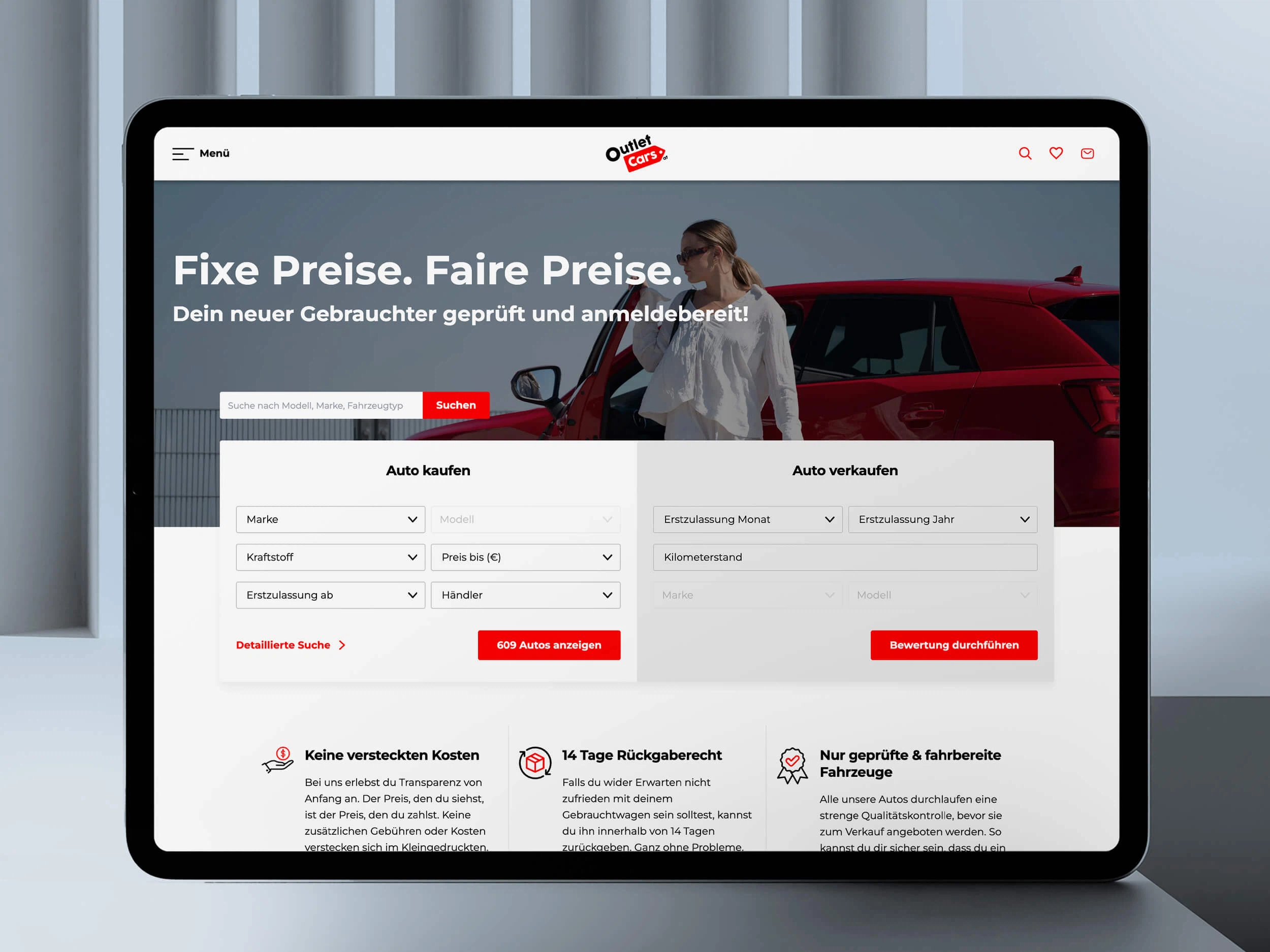 Auf einem Tablet ist die Seite OutletCars.at als Beispiel für eine von MMCAGENTUR entwickelten Seite mit dem CMS Statamic zu sehen.