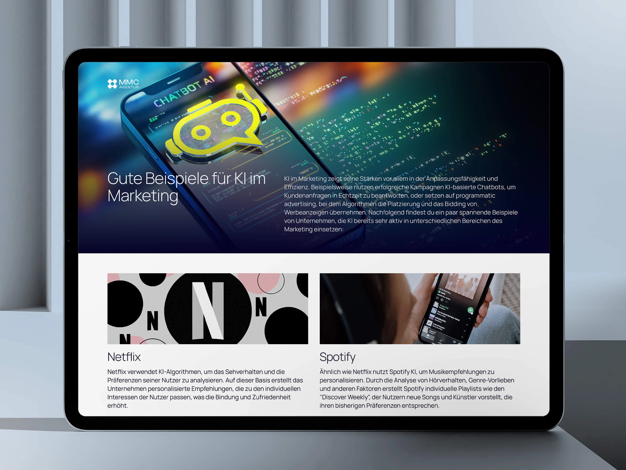 Auf einem Tablet ist die Seite der Agentur MMCAGENTUR als Beispiel für eine von MMCAGENTUR entwickelten Seite mit dem CMS Storyblok zu sehen.