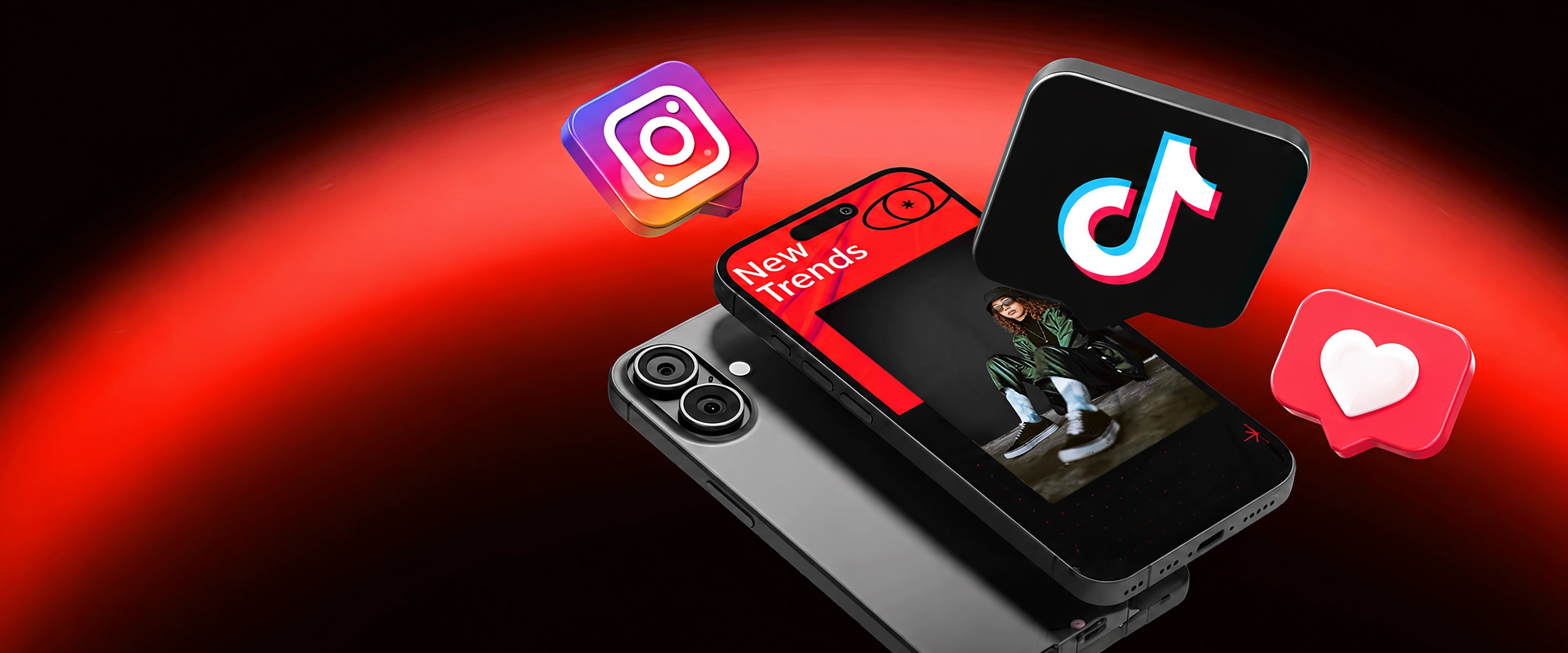 Trend Drop von MMCAGENTUR: Smartphone mit TikTok- und Instagram-Icons auf rotem Hintergrund für aktuelle Social-Media-Trends.