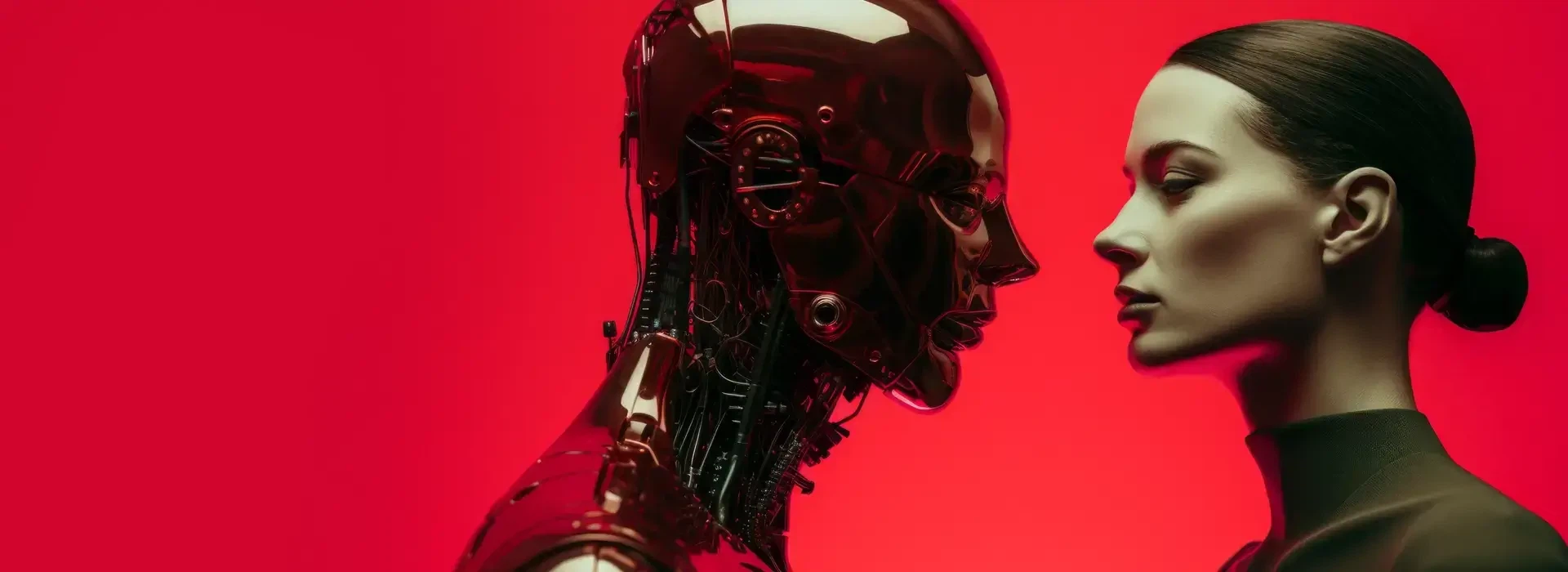 Künstliche Intelligenz im Marketing: Ein humanoider Roboter und eine Frau stehen sich im Profil vor einem intensiv roten Hintergrund gegenüber – als Symbol für die Symbiose aus Mensch und KI.
