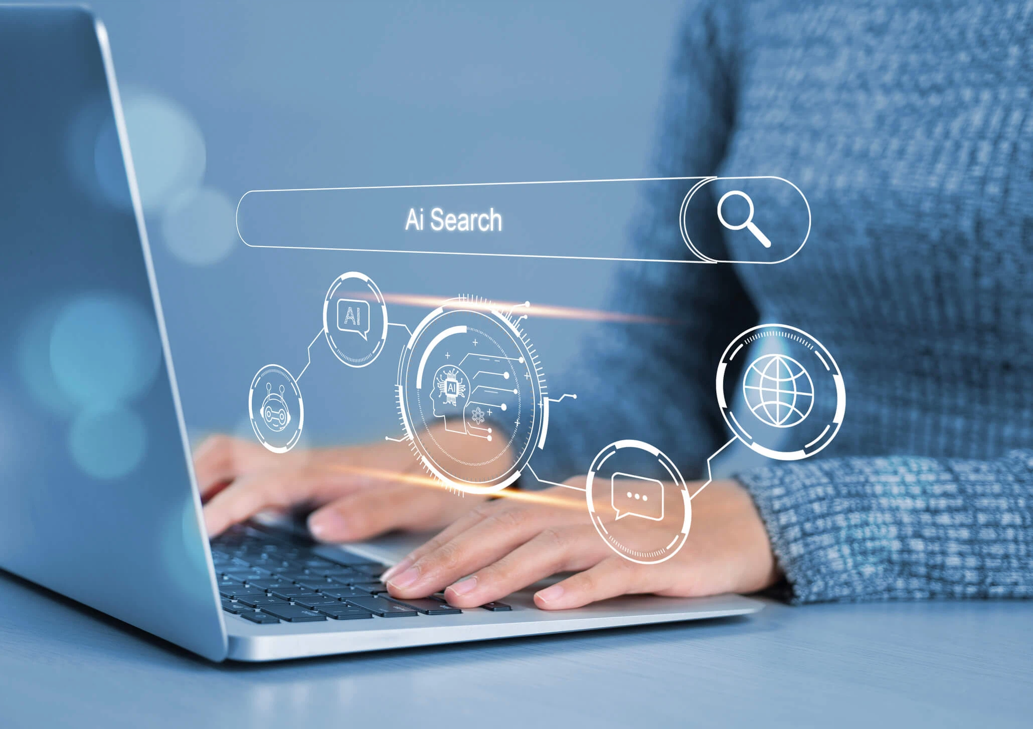 GEO und KI-SEO Optimierung: Eine Person tippt am Laptop unter einer eingeblendeten, leuchtenden Grafik-Suchleiste mit der Aufschrift „Ai Search“.