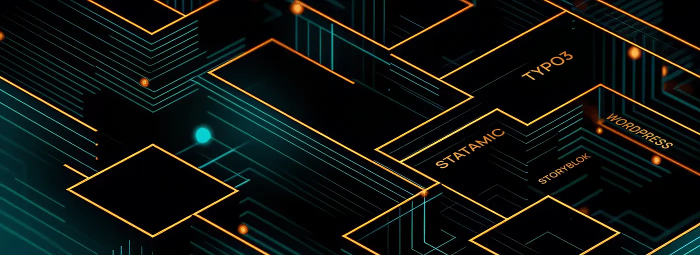 Professionelles Webdesign und Webdevelopment: Eine futuristische, leuchtende Schaltkreis-Grafik mit den CMS-Systemen TYPO3, Statamic, Storyblok und WordPress.